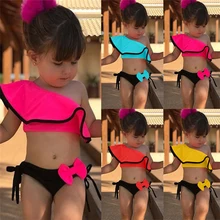 Oeak одежда для купания для маленьких девочек, Одноцветный купальный костюм с оборками и бантом, купальный костюм, купальный костюм, пляжная одежда