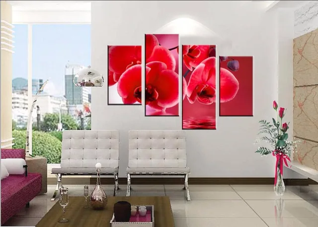 4piece Hot Modern Wall Painting Art Picture Paint On Canvas 4piece Hot Modern Wall Painting Art Picture Paint On Canvas Prints Blood Red Charming Orchid Inverted Reflection In Water