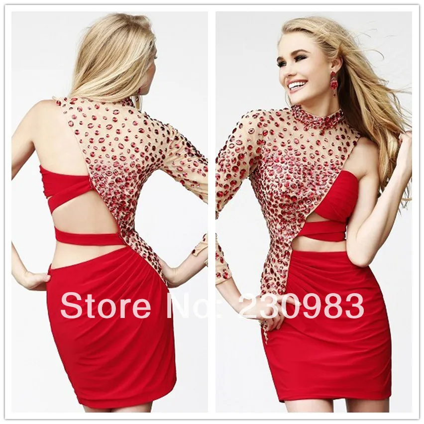 Prom Dresses Outlet -Discount -Dazzling Sheer Long Sleeve Beaded Sheath Custom Made Short/Mini 2014 Ch | Свадьбы и торжества