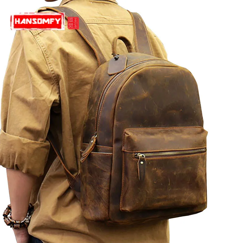 Original Men Backpacks first layer of leather men's shoulder bag Brown