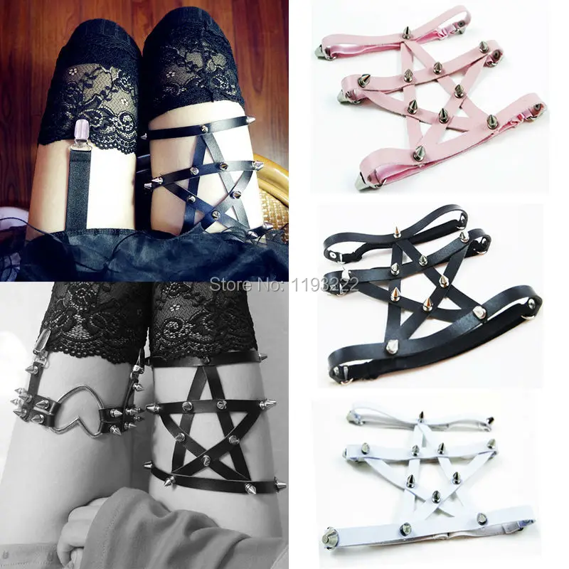 

Punk Satan Star Leather Garters Spikes Handmade Harajuku Gothic Pentagram Pentacle Thigh Loop Harness Suspenders