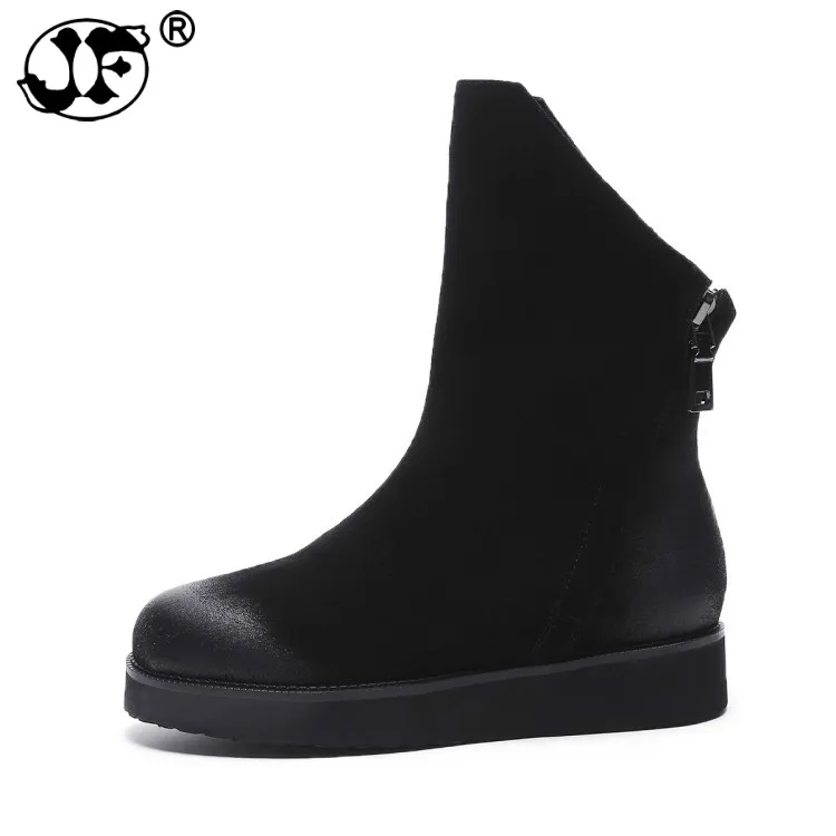 

2019 fahsion women boots black zipper cow suede ladies boots flat with round toe leather ankle boots big size 865ji