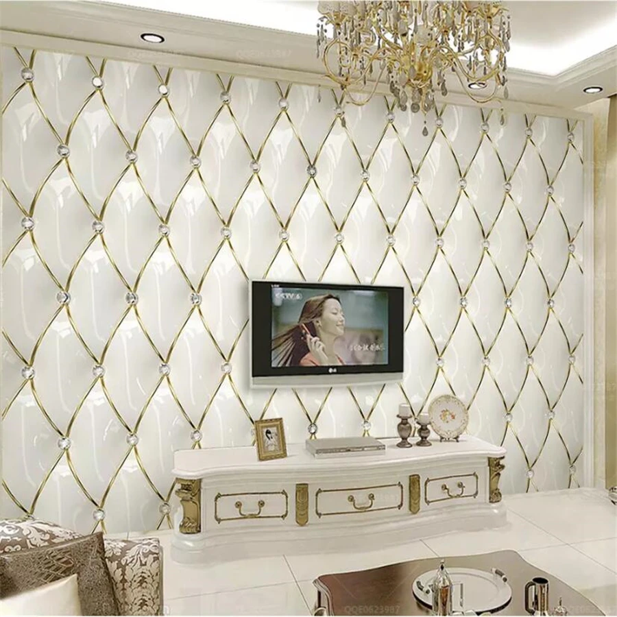 Beibehang مخصص خلفيات 3d جدارية الفاخرة الذهب كريستال المعينية خياطة 3d الأوروبية لينة حقيبة حائط الخلفية أوراق ديكور المنزل