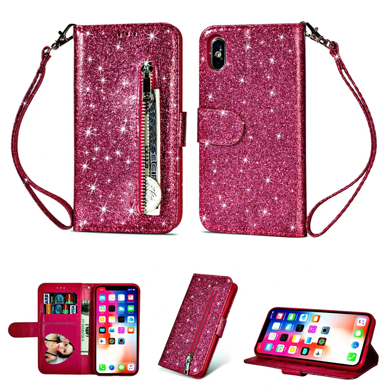 

Case For iPhone 7 XS Max Zipper Wallet Case For iPhone X XR Glitter PU Leather Capa For iPhone 6 6s 7 8 Plus Case With Card Slot