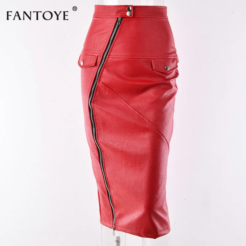 Fantoye High Split Zipper Leather Skirts Womens 2018 Red Elegant Long Autumn Winter Ladies Slim Vintage Midi Pencil Skirt