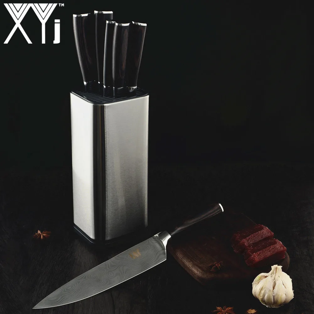 

XYj Kitchen Stainless Steel Knives Set With Stand Holder Block Tool Fruit Utility Santoku Chef Slicer Damascus Veins Knives