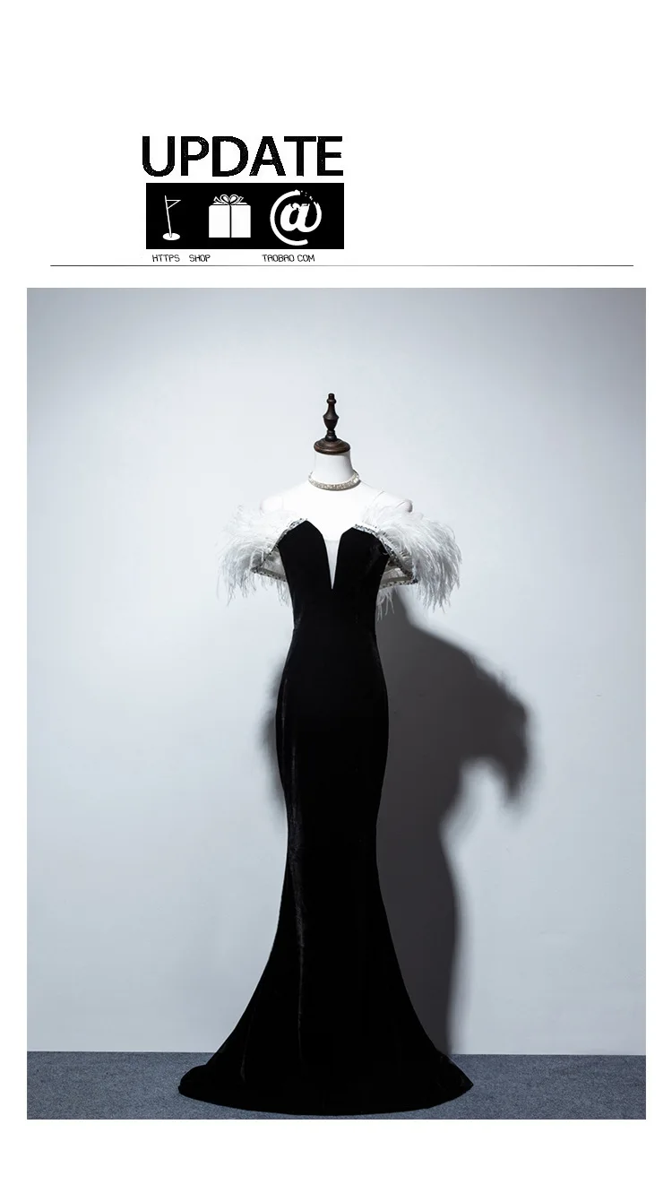 New Ostrich feather Black Velvet Off The Shoulder Mermaid Long Vestidos De Festa Lace Up Celebrity Evening Party Dresses