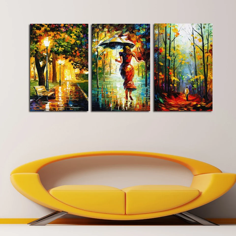

Framework Modern Fashion Living Room Decorative Painting Artwork Popular 3 Piece Street Light Tree Figure Walk Wall Oil Pictures