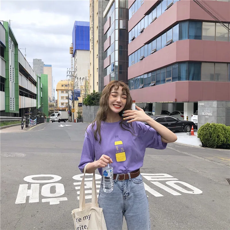 Simple Chinese letter purple causal college wind printed 2018 new light short sleeve cotton female tees
