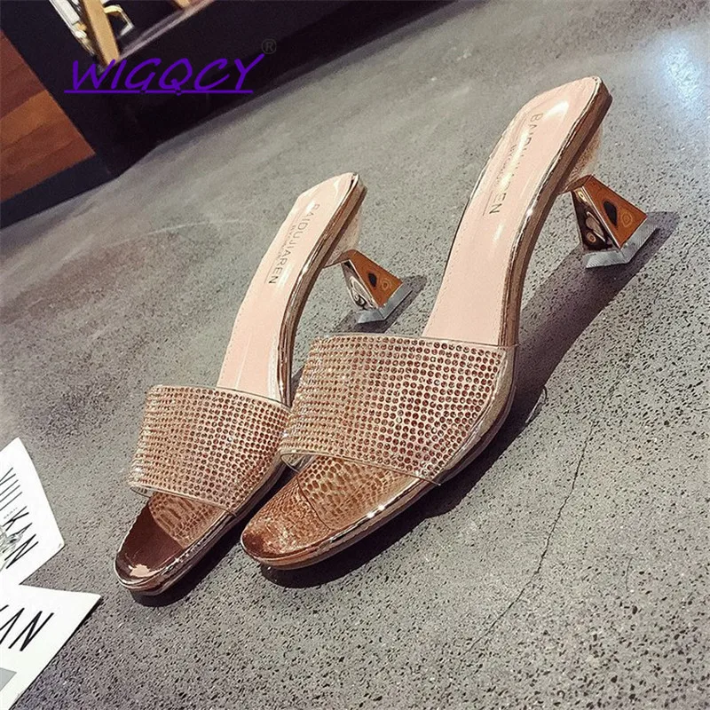 

Sequined Open toe High heels slippers women 2019 Summer shoes women Fashion Sexy Bling Party slippers Spike Heels female shoes