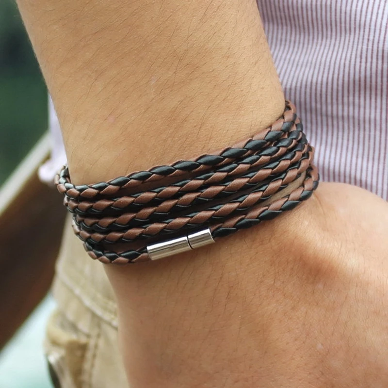 

Quality Multi-layered Strand Wrap Men Black Leather Bracelet with Magnet Clasp