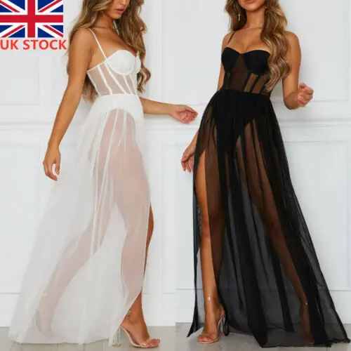 

2PCS Ladies Summer White Split Dress Womens Sexy Stars Perspective Mesh Gauze Sleeveless Backless Party Long Strap Dress