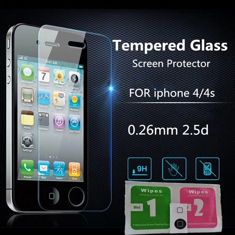 Ultra Thin 0.26 mm 2.5D Premium Tempered Glass Screen Protector For iPhone 4 4s HD Toughened Protective Film + Cleaning Kit