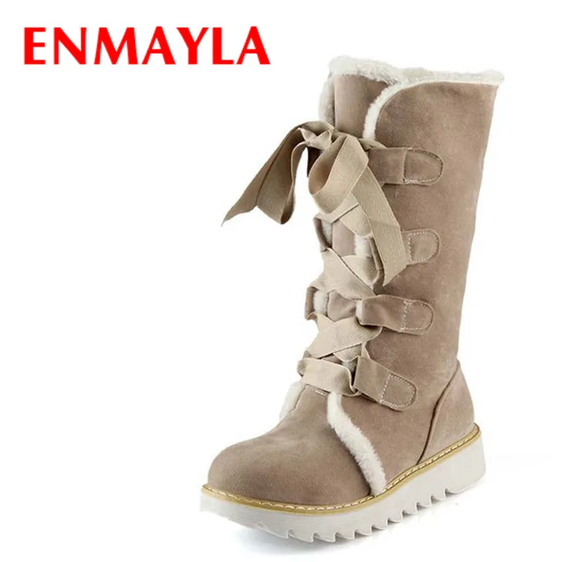 ENMAYLA New Hot Sale Half Knee Boots Fashion Thick Fur Warm Winter Shoes Woman Vintage Lace Up Platform Outdoor Snow Boots Women цена ENMAYLA New Hot Sale Half Knee Boots Fashion Thick Fur Warm Winter Shoes Woman Vintage Lace Up Platform Outdoor Snow Boots Women цены онлайн