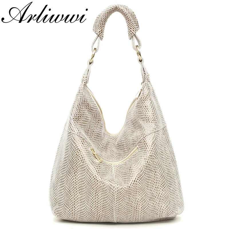 Arliwwi 100% Genuine Leather Shiny Serpentine Shoulder Bags Big Casual Soft Real Snake Embossed Skin Big Bag Handbags Women