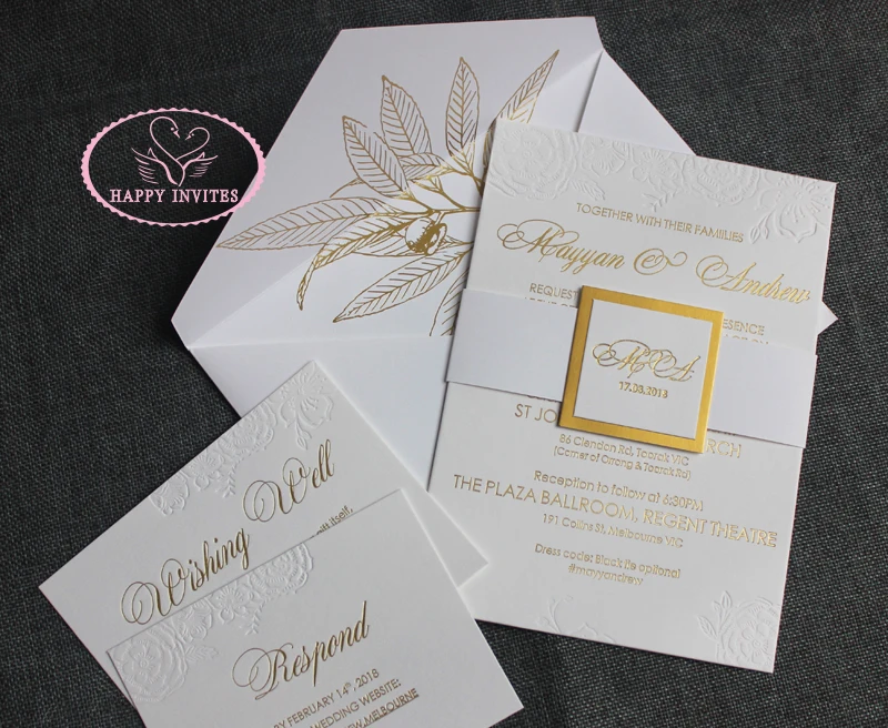 HI1134 - 02 Top Grade  Customized Elegant White Invitation CARD made of 1800 GSM Cotton Paper with Gold Letterpress