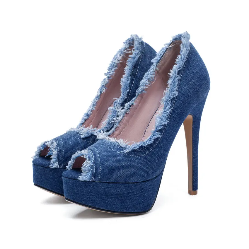 QUTAA/ г. Женские туфли-лодочки Модная Джинсовая обувь с бахромой на очень высоком тонком каблуке с открытым носком Демисезонная обувь без шнуровки на платформе 3,5 см, размеры 34-43 - Цвет: Синий