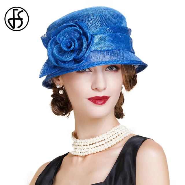 FS Ladies Elegant Royal Blue Fedora Hats 2017 Summer Linen Vintage Flowers England Style Short