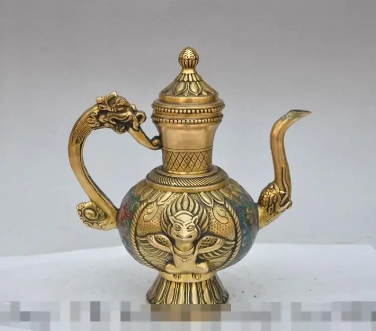 

S00497 10"Chinese Cloisonne Enamel Bronze Gilt dragon Garuda statue Wine TeaPot Flagon B0403