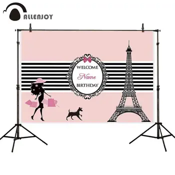 

Allenjoy birthday backdrops pink white stripes Eiffel Tower black frame fashion lady dog party background celebration photo