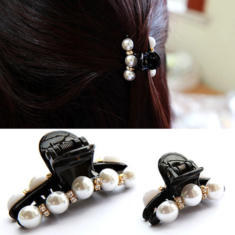 1 X Elegant Black Hair Claw Clip Crystal Pearl Plastic Hairpin Barrette