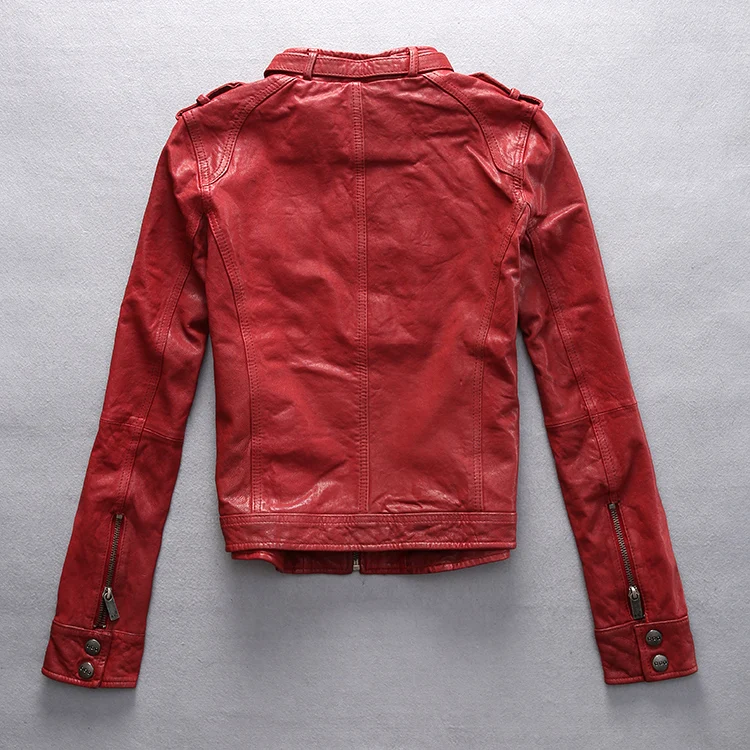 Новое поступление, зимняя женская куртка из натуральной кожи с растительным дублением, козья кожа, черный/красный цвет, модные Мотоциклетные Куртки