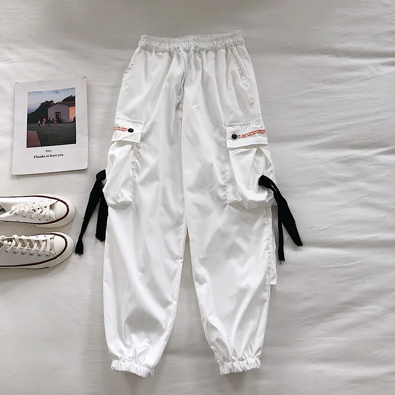 Woherb/Новинка; корейские брюки-карго с карманами и лентами; женские длинные брюки в стиле хип-хоп; повседневные свободные брюки с высокой талией; модная уличная одежда