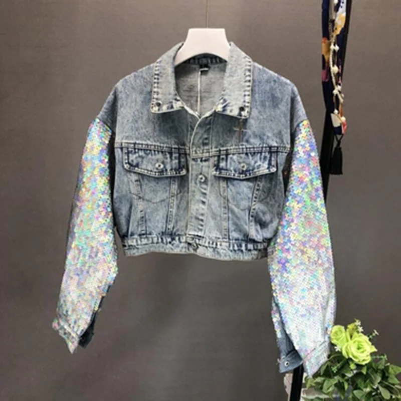 EmbroideryCropped джинсовая куртка Xl светильник синий короткая бомбер Джинсовые куртки с