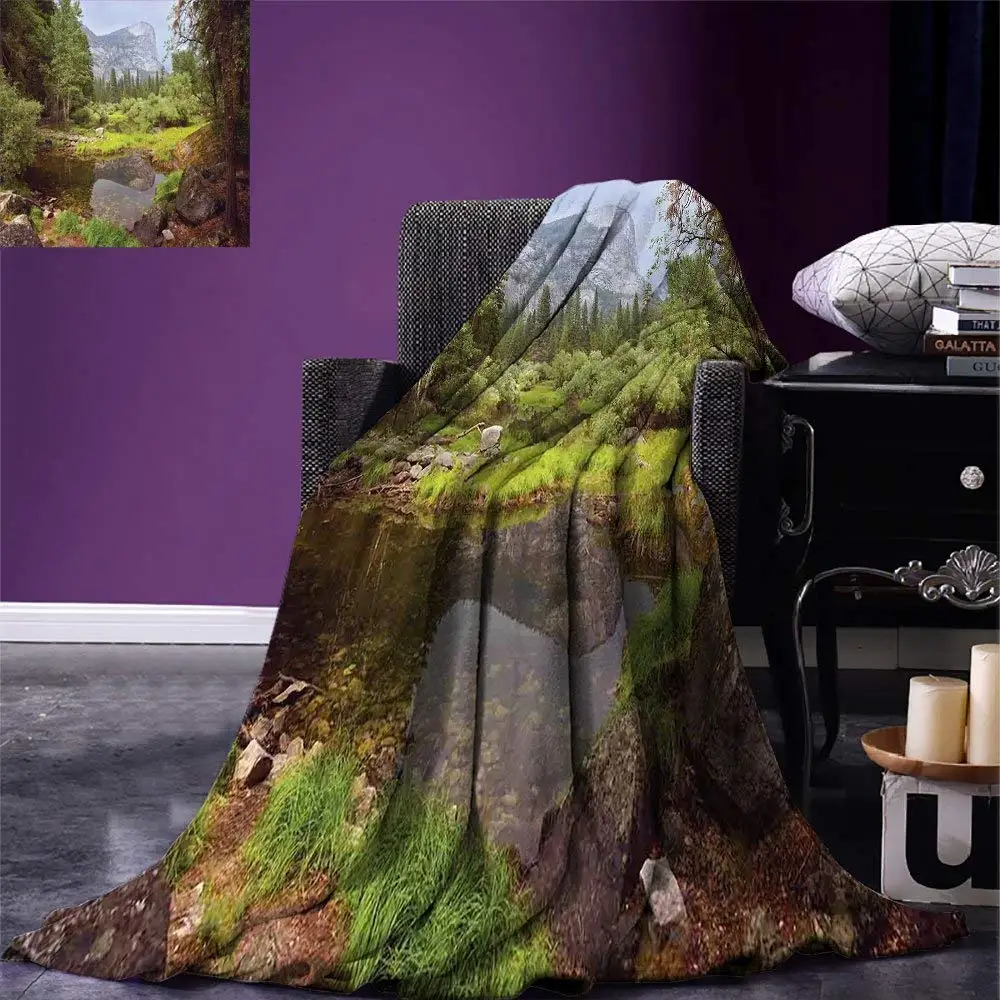 Blanket Small Spring Forest Distant Mountain Picture of Yosemite National Park Landscape Print Warm Microfiber Green | Дом и сад