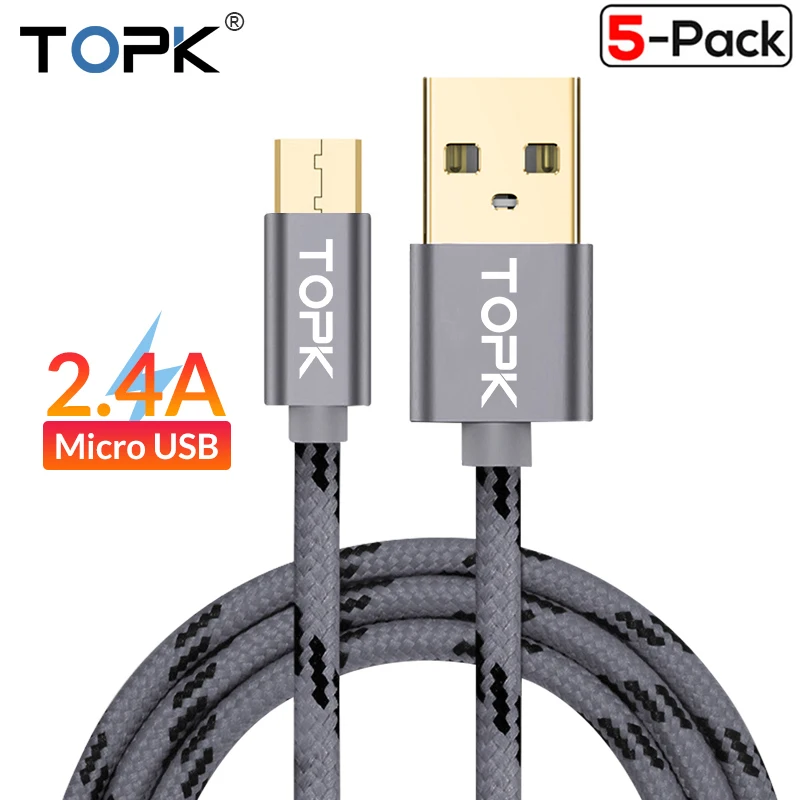 TOPK 5 шт микро USB кабель ультра прочный и кабель для передачи данных нейлоновая оплетка USB ЗУ для мобильного телефона кабель для samsung htc huawei