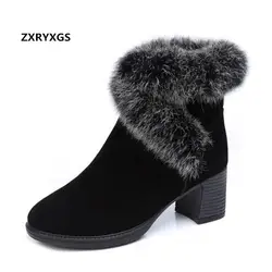 Новинка 2019 года, модные матовые зимние ботинки из воловьей кожи с кроличьим мехом, женские ботинки, нескользящая теплая обувь на толстом
