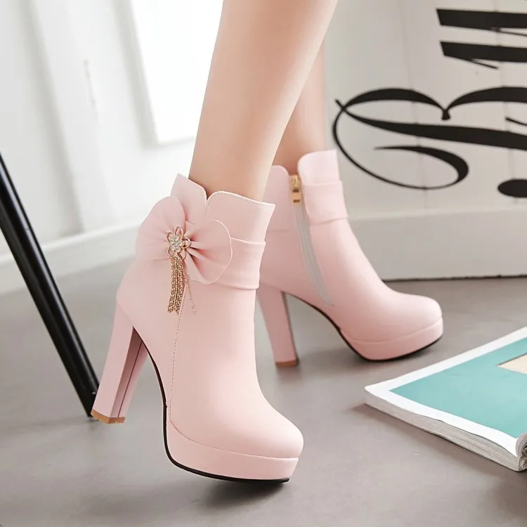 5_2016 Autumn Korean Womens Pink Dress Booties Shoes Princess Bow High Heels Black And White Platform Ankle Boots For Winter