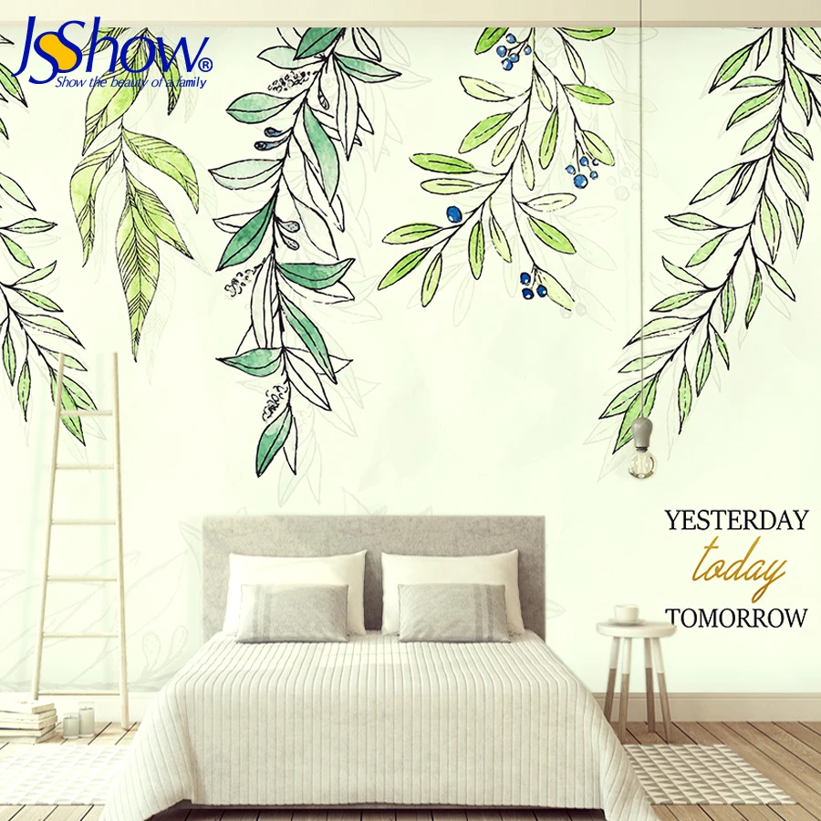 JSSHOW Custom Scandinavian small fresh green leaf TV 3D wallpaper