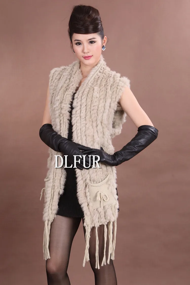 DL6053 Hot Sale Knitted Real Rabbit Fur Pashmina Fashion Women Real Rabbit Fur Vest Waistcoats With Tassels Free Shipping