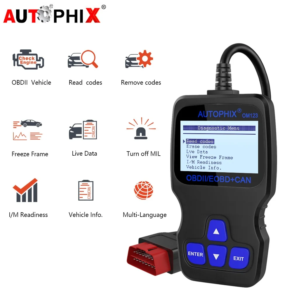 

Autophix Om123 OBD2 Automotive Scanner Multi-language Engine Diagnostic Tool PK AD310 NL100 ELM327 CR3001 Universal Code Reader
