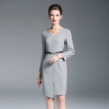 

Plus Size Office Dress M-XXL 2018 Autumn New Women Long-sleeved V-neck Simple Solid Color Belt OL Gray Dress Female Knee Length