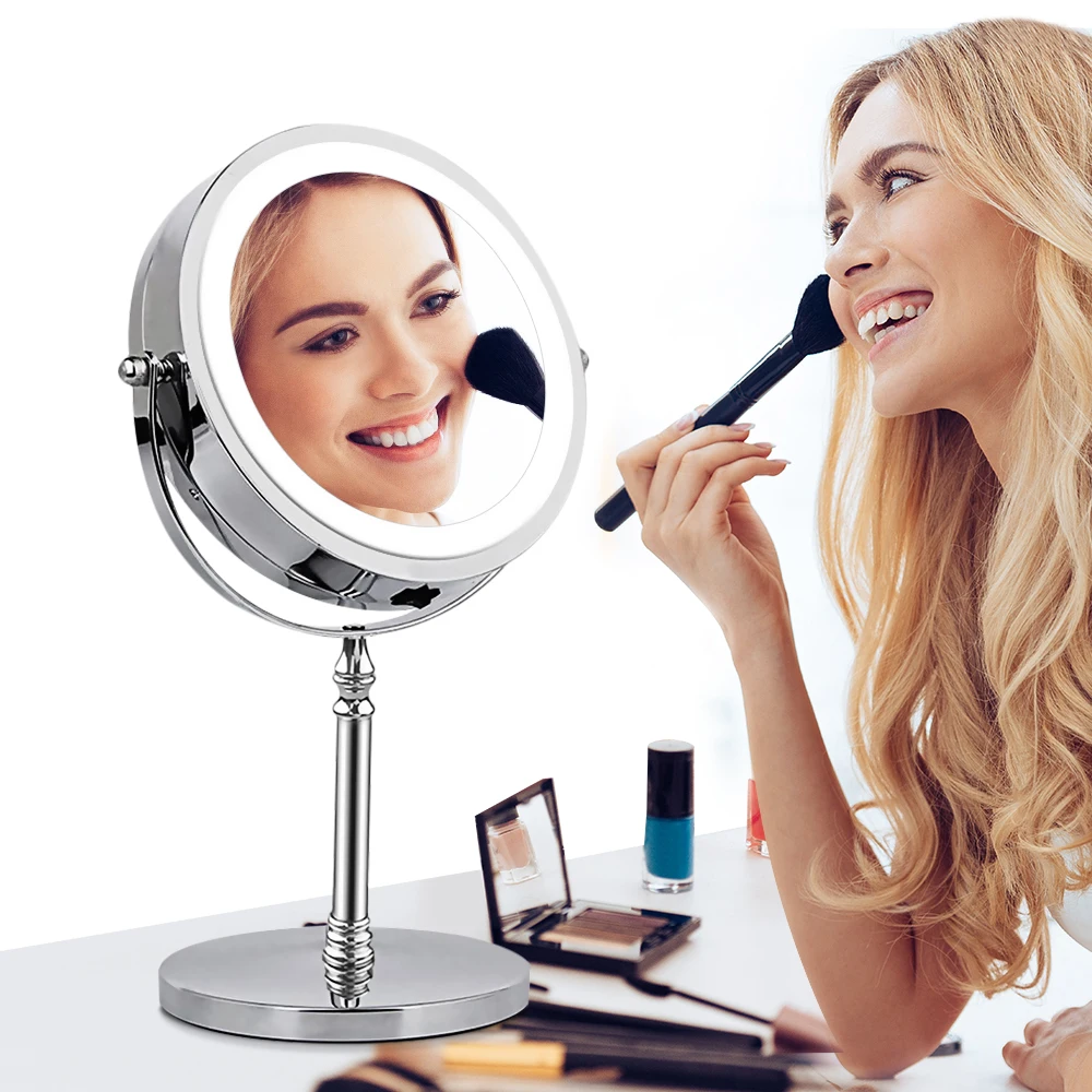 

10X Magnifying Makeup Mirror With LED Light 360 Degree Rotating Round Shape Desktop Vanity Mirror Double Sided Backlit Mirrors