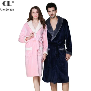 

CherLemon Matching Couples Flannel Fleece Bathrobe Winter Mens Solid Mid Length Robe Lovers Warm Kimono Thermal Sleepwear