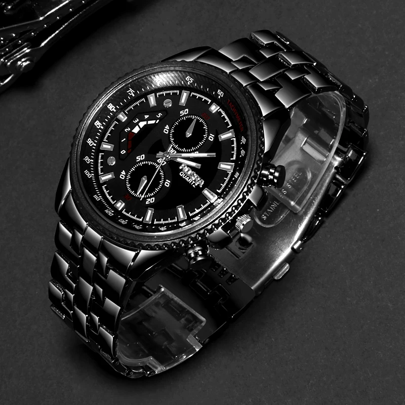 

Black Men Sports Watches ROSRA Stainless Steel Watches Fashion Casual Military Army Wristwatch Relogio Masculino horloge mannen