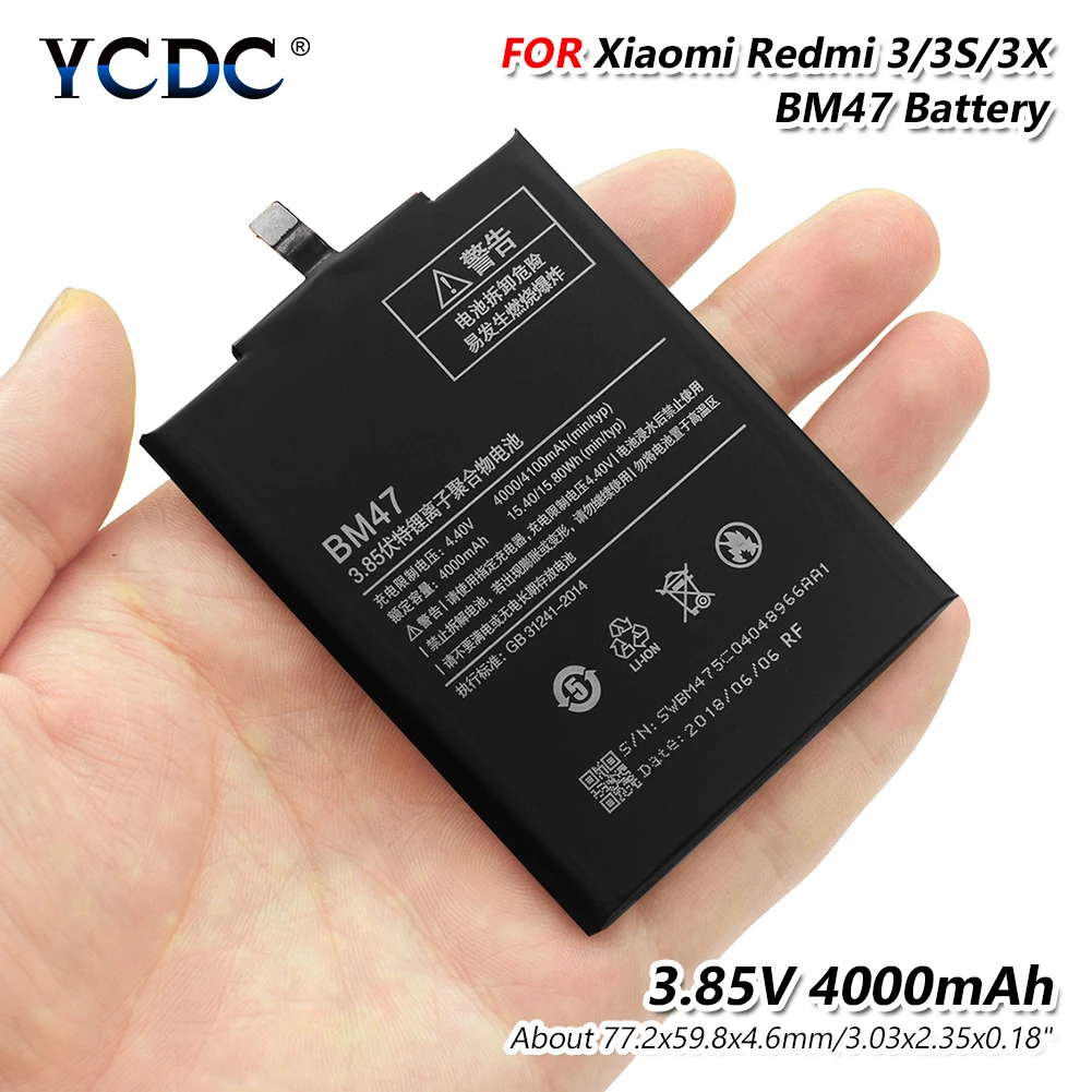 Высокое Мощность 4000 мА/ч, BM47 3,85 V Напряжение литиевые батареи для Xiaomi Redmi 3/3 S/3X Hongmi Redmi 3/3 S/3X4000 мА/ч, литий-ионный аккумулятор