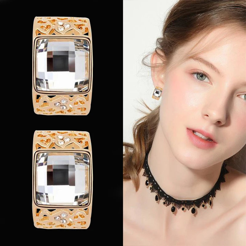 Vintage Hollow Out Rhinestone Stud Earrings For Women Classic Square Crystal Earring Trendy Luxury Party Fine Jewelry Brincos | Украшения и
