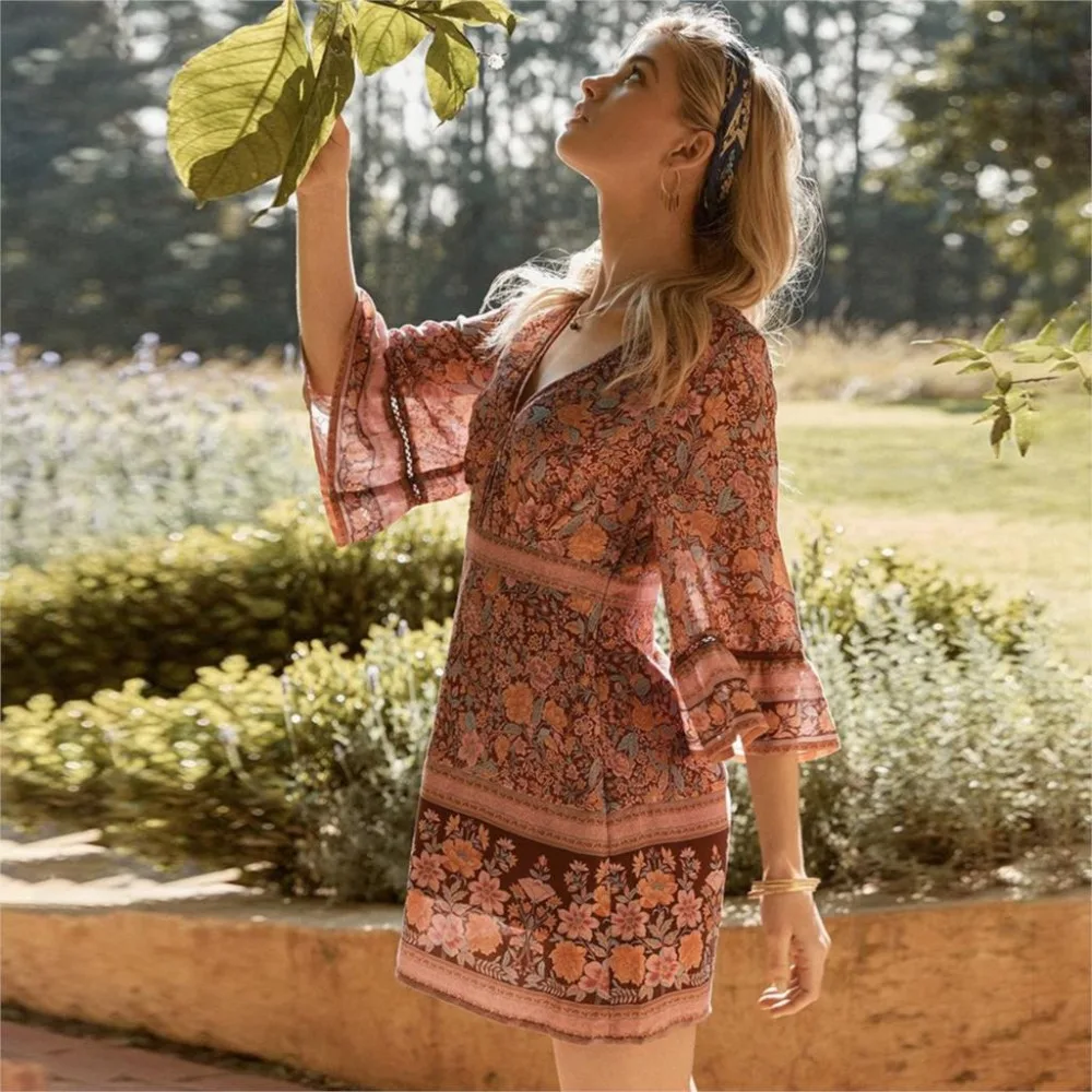 Женское мини платье с цветочным принтом Boho хиппи летнее короткое коротким