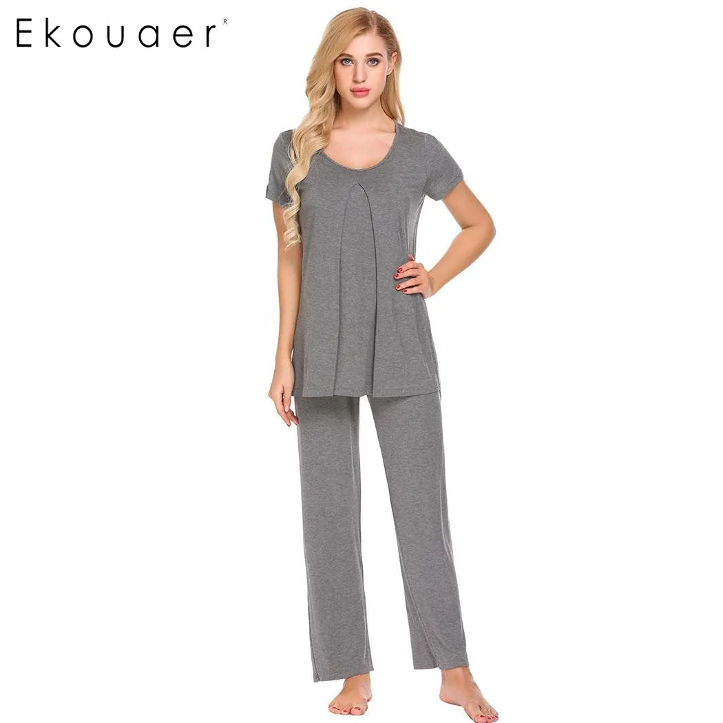 Ekouaer Pajamas Women Maternity Sleepwear O Neck Elastic Waist Short