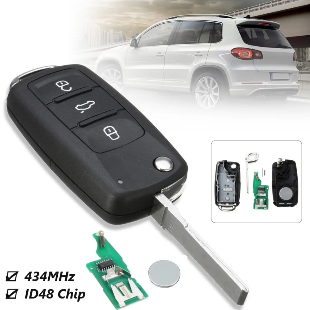 

3 Buttons 434MHz ID48 Chip Car Remote Key Uncut Blade for VW for GOLF PASSAT Tiguan Polo for Jetta Beetle Hella 5K0837202A