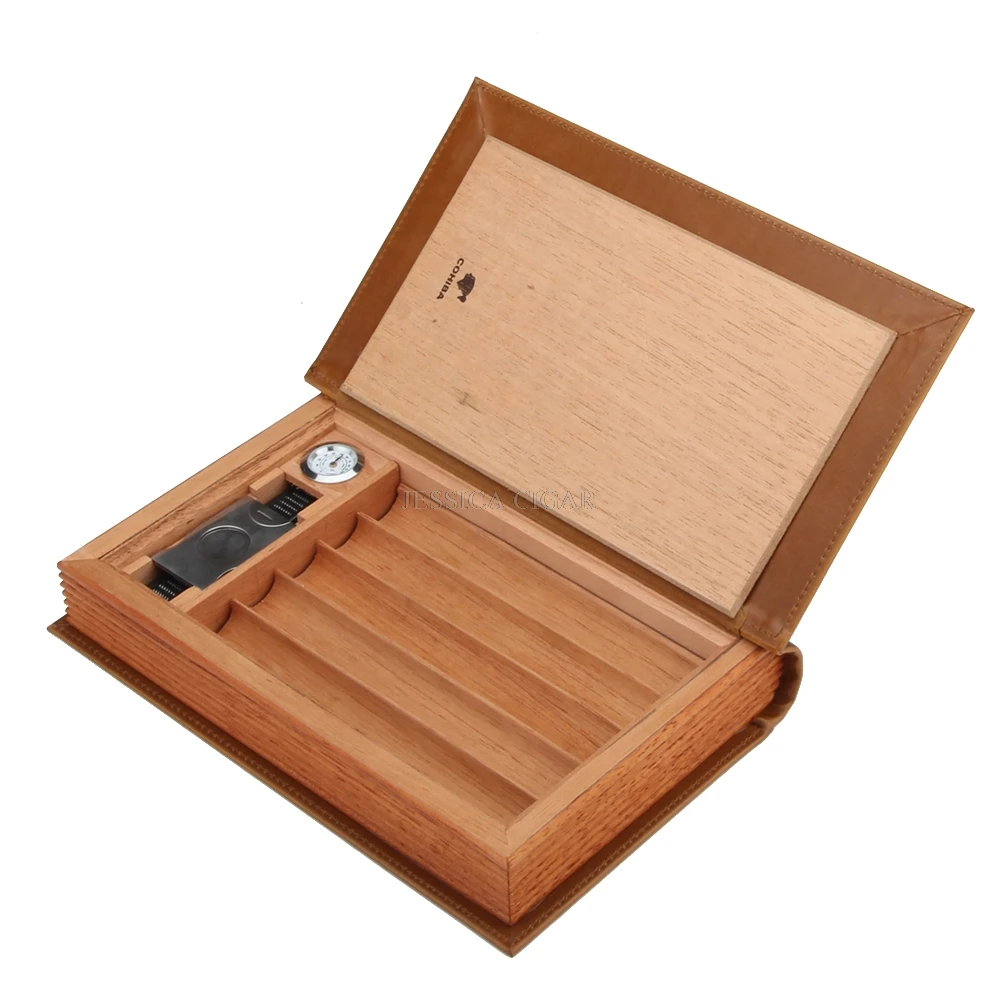  COHIBA Elegant Book Design Cedar Wood Cigar Humidor Box Portable Leather Cigar Travel Case With Cut