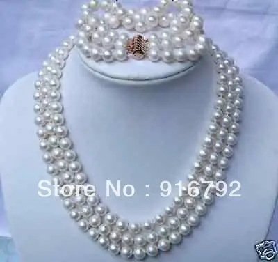 

free P&P >>>>>3ROW 7-8mm WHITE FRESHWATER PEARL NECKLACE & BRACELETS