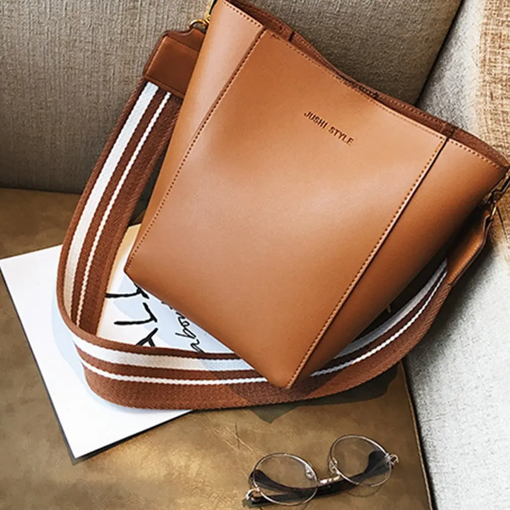 

Fashion Bucket Bags with Wide Straps Autumn Solid Color Shoulder Bags for Ladies Large Capacity Casual Crossbody Tote Bag