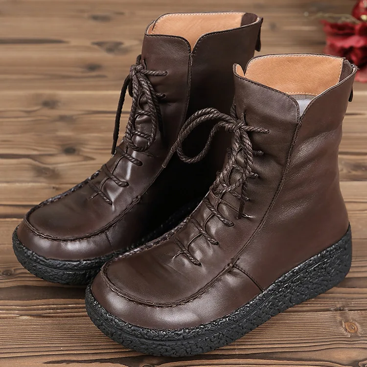 

New Winter Vintage Leather Cowhide Boots Martin Antiskid Boots Handmade Flat Wedge Zipper Round Toe Boots 868-20