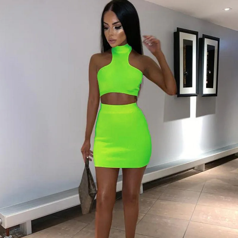

HAOYUAN Sexy Two Piece Set Women Crop Top and Mini Skirt Neon Green Orange Club Outfits Summer Festival Clothing Matching Sets