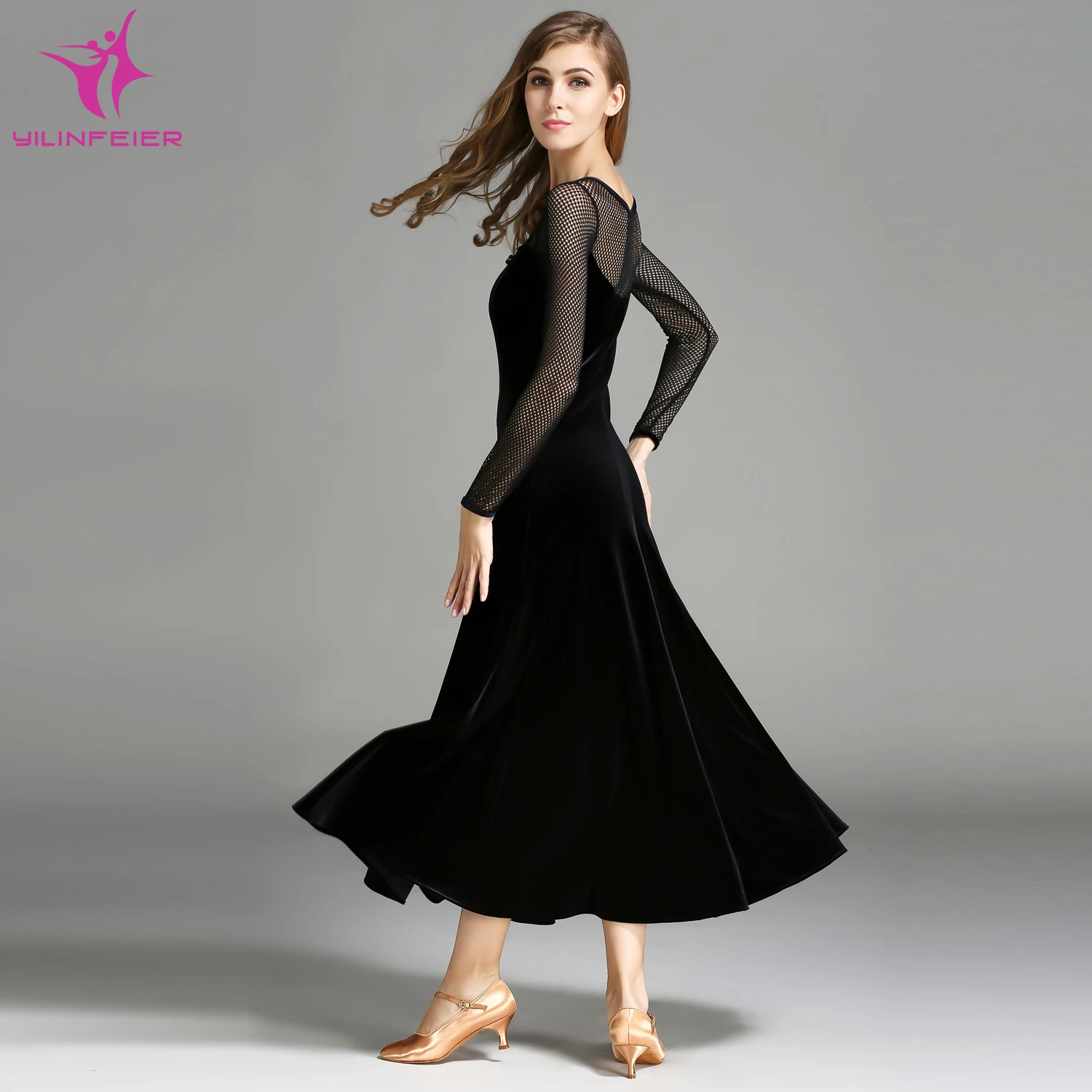 

YILINFEIER MY745 Modern Dance Costume Women Lady Adult Waltzing Tango Velvet Dancing Dress Ballroom Costume Evening Party Dress